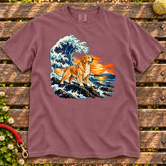 Golden Retriever dog with ocean waves, sunset and Mount Fuji on a Berry Comfort Colors T-shirt
