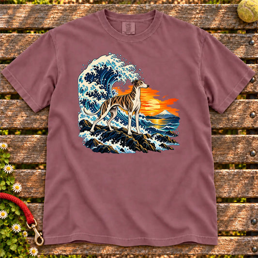 Greyhound dog with ocean waves, sunset and Mount Fuji on a Berry Comfort Colors T-shirt