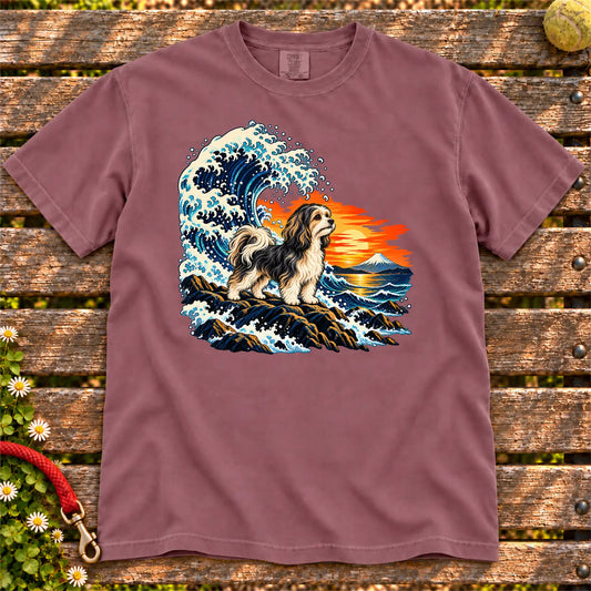 Havanese dog with ocean waves, sunset and Mount Fuji on a Berry Comfort Colors T-shirt