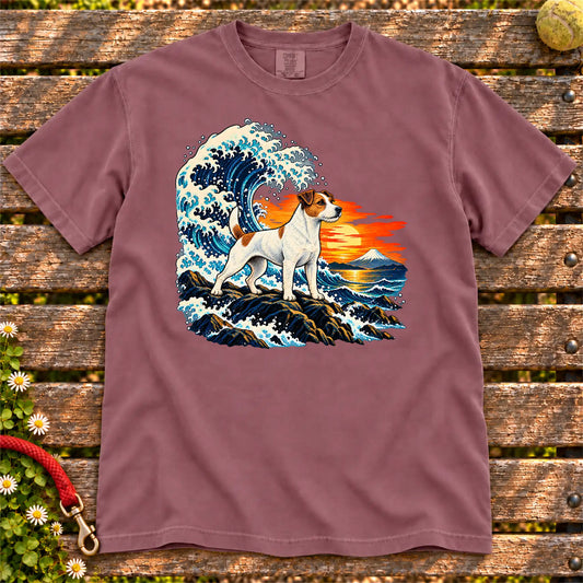 Jack Russell dog with ocean waves, sunset and Mount Fuji on a Berry Comfort Colors T-shirt