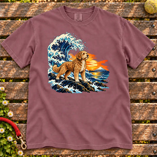 Labradoodle dog with ocean waves, sunset and Mount Fuji on a Berry Comfort Colors T-shirt