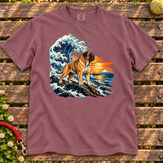 Mastiff dog with ocean waves, sunset and Mount Fuji on a Berry Comfort Colors T-shirt
