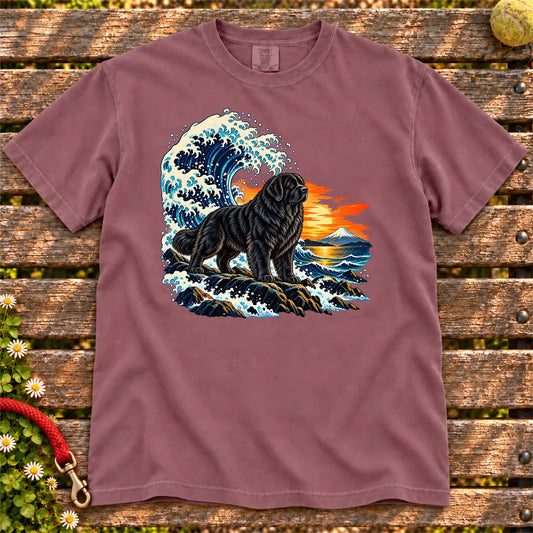 Newfie dog with ocean waves, sunset and Mount Fuji on a Berry Comfort Colors T-shirt