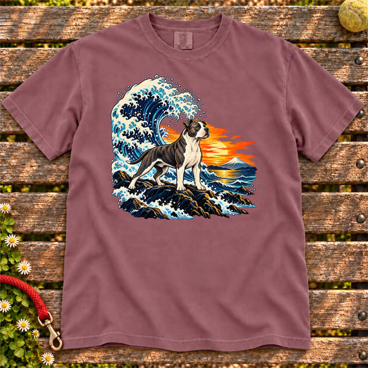 Pitbull dog with ocean waves, sunset and Mount Fuji on a Berry Comfort Colors T-shirt