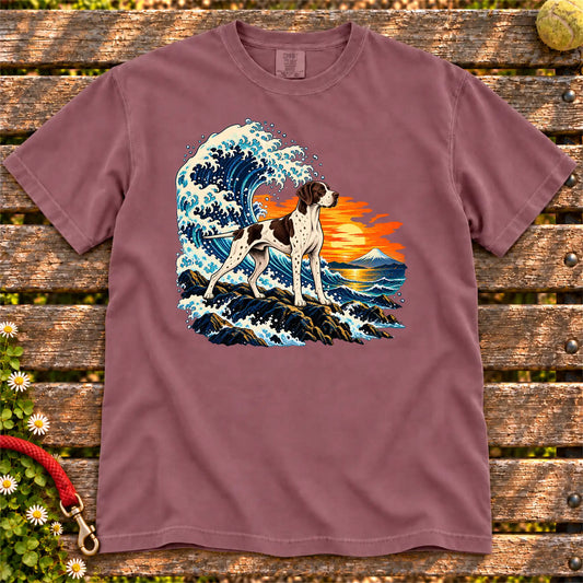 Pointer dog with ocean waves, sunset and Mount Fuji on a Berry Comfort Colors T-shirt