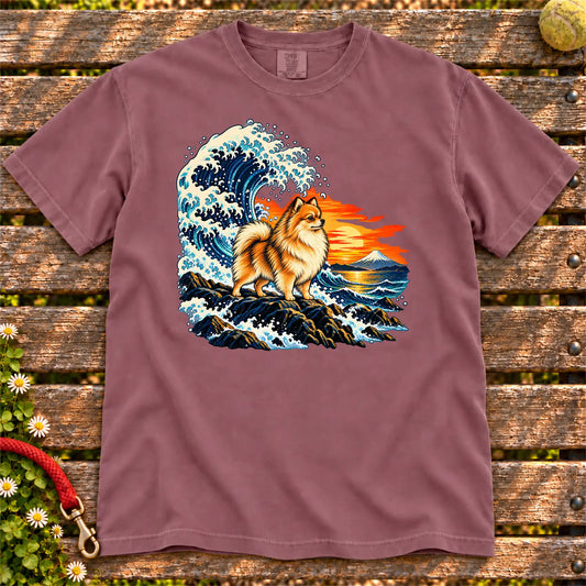 Pomeranian dog with ocean waves, sunset and Mount Fuji on a Berry Comfort Colors T-shirt
