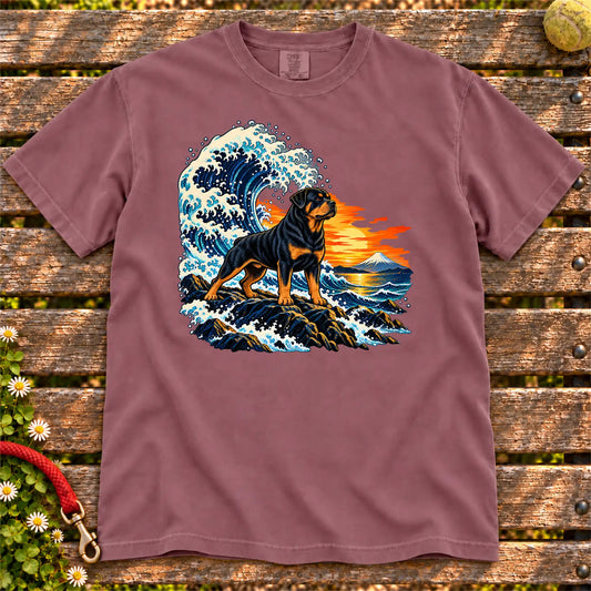 Rottweiler dog with ocean waves, sunset and Mount Fuji on a Berry Comfort Colors T-shirt