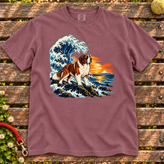 Saint Bernard dog with ocean waves, sunset and Mount Fuji on a Berry Comfort Colors T-shirt
