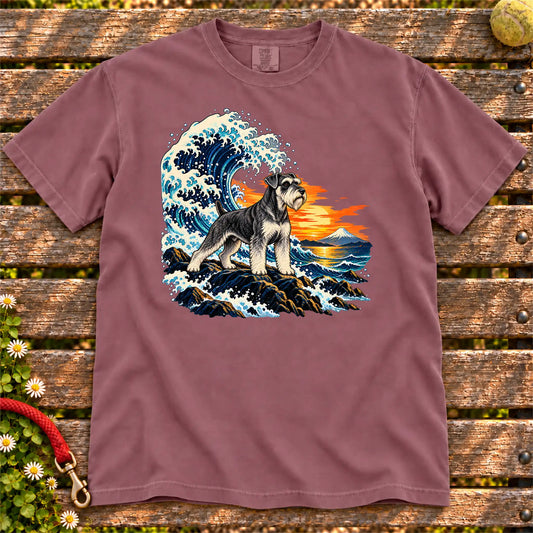 Schnauzer dog with ocean waves, sunset and Mount Fuji on a Berry Comfort Colors T-shirt