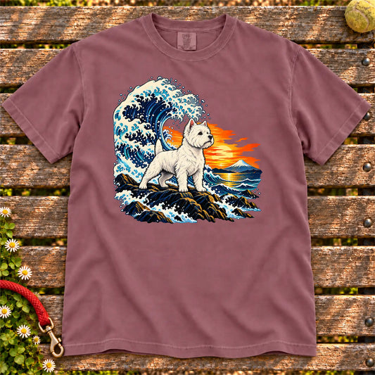 Westie dog with ocean waves, sunset and Mount Fuji on a Berry Comfort Colors T-shirt