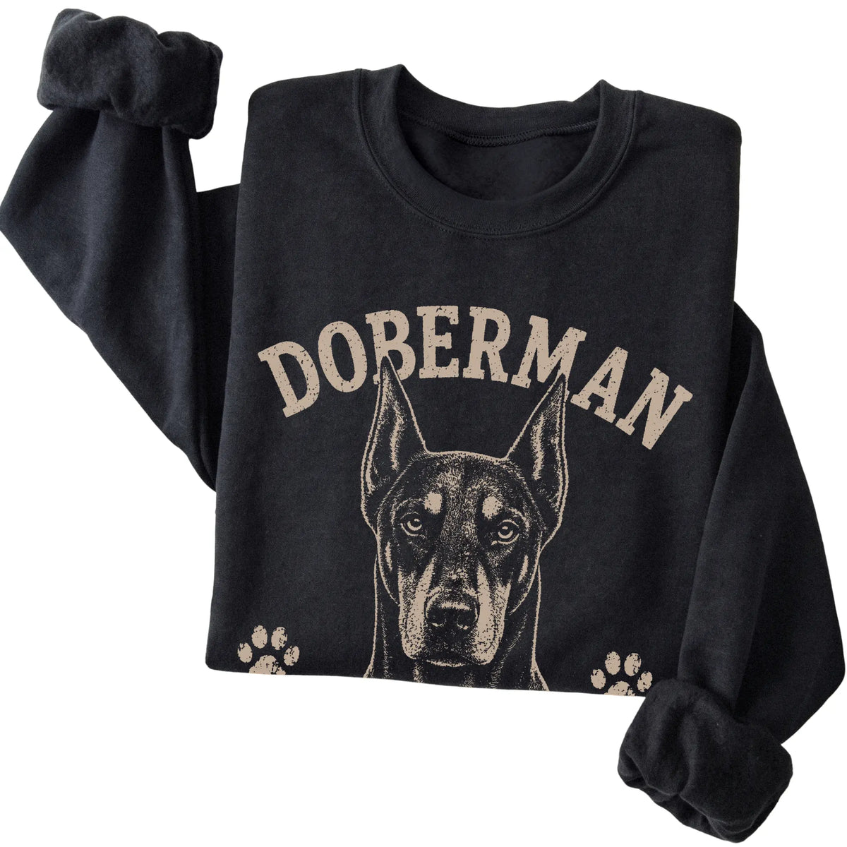 Black crewneck sweatshirt featuring Alert, Elegant & Slightly Intimidating - Doberman, folded presentation