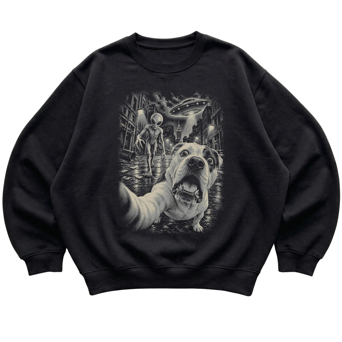 American Bulldog Alien Selfie Gildan Crewneck Sweatshirt in Black, flat view