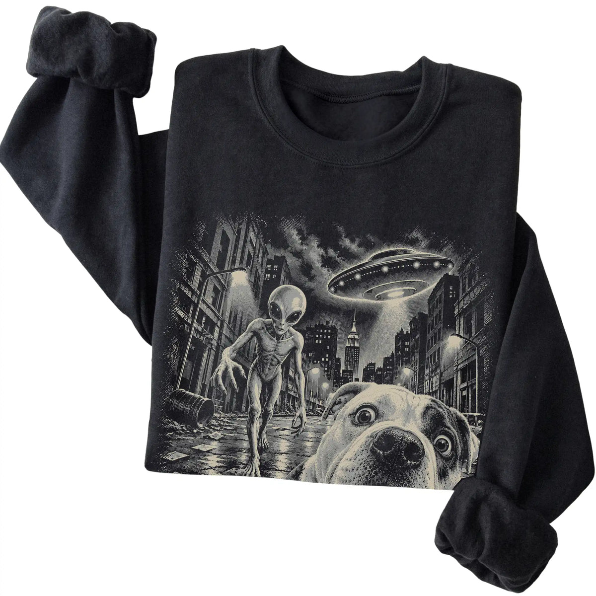 American Bulldog Alien Selfie Gildan Crewneck Sweatshirt in Black, folded view