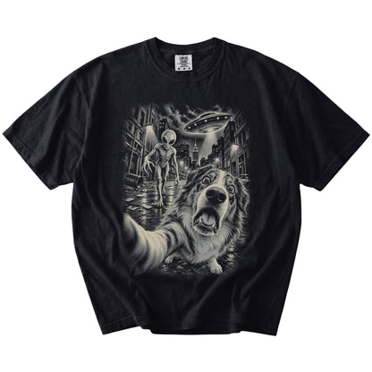 Australian Shepherd Alien Selfie Comfort Colors T-Shirt in Black, flat view