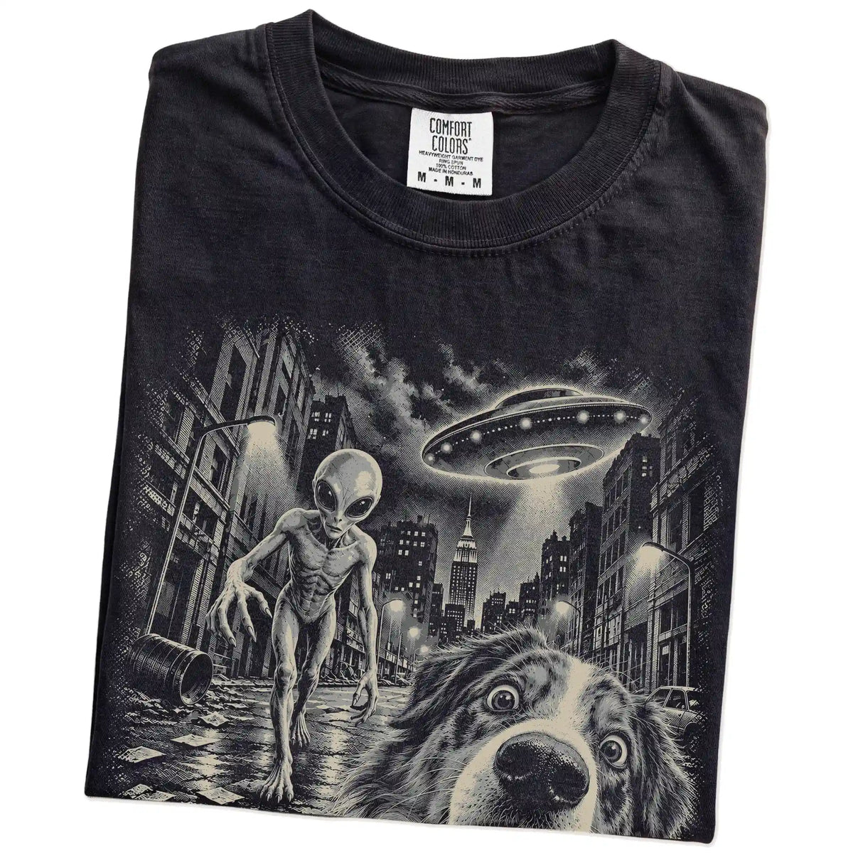 Australian Shepherd Alien Selfie Comfort Colors T-Shirt in Black, folded view