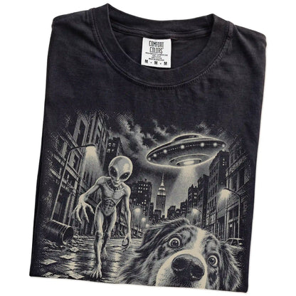 Australian Shepherd Alien Selfie Comfort Colors T-Shirt in Black, folded view