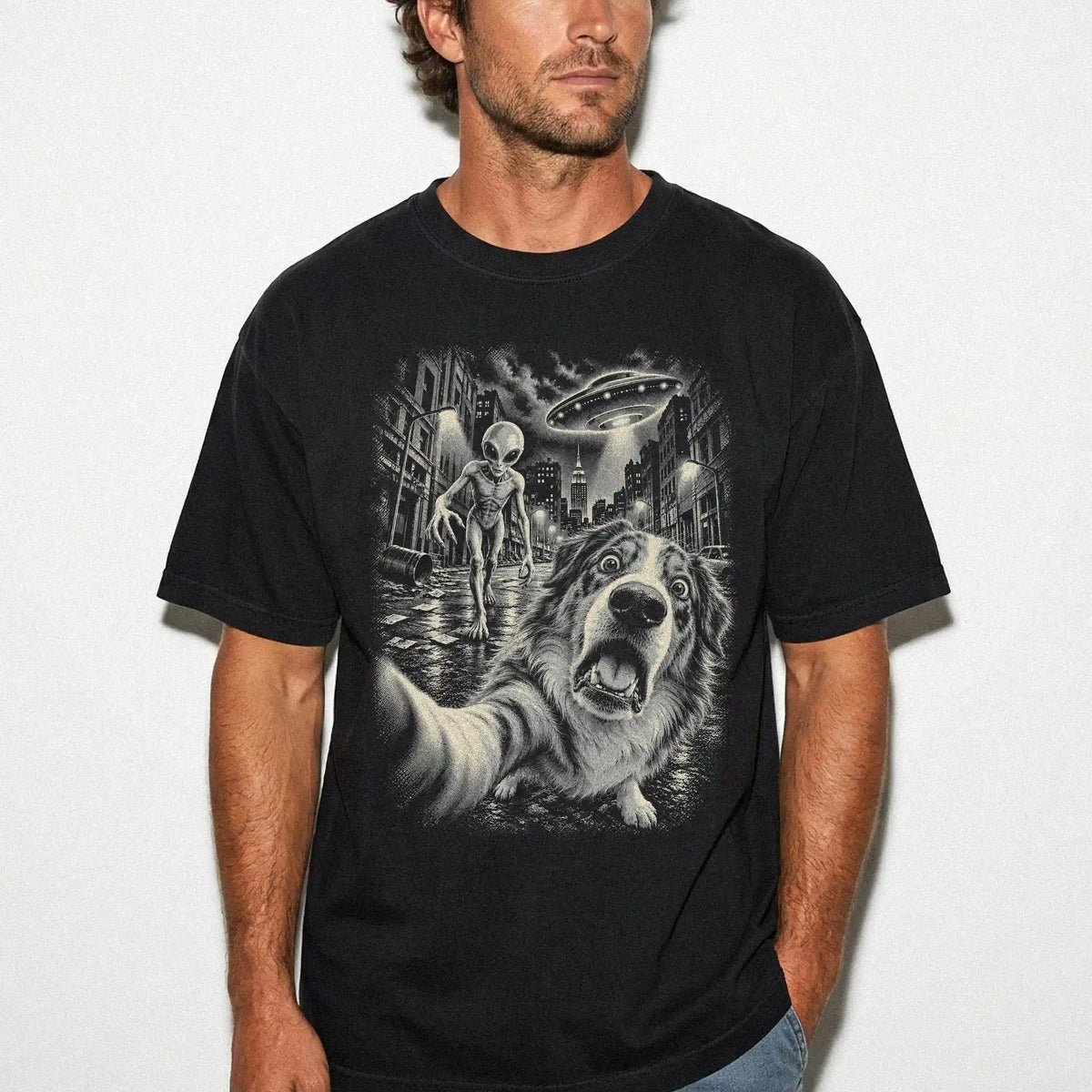 Australian Shepherd Alien Selfie Comfort Colors T-Shirt in Black, modeled view