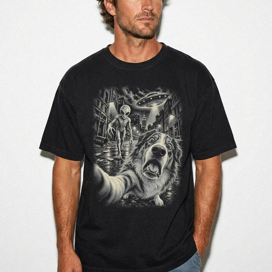 Australian Shepherd Alien Selfie Comfort Colors T-Shirt in Black, modeled view
