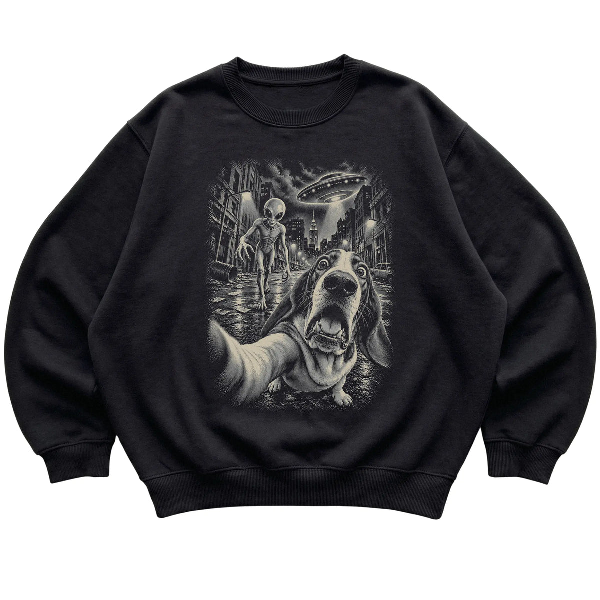 Basset Hound Alien Selfie Gildan Crewneck Sweatshirt in Black, flat view