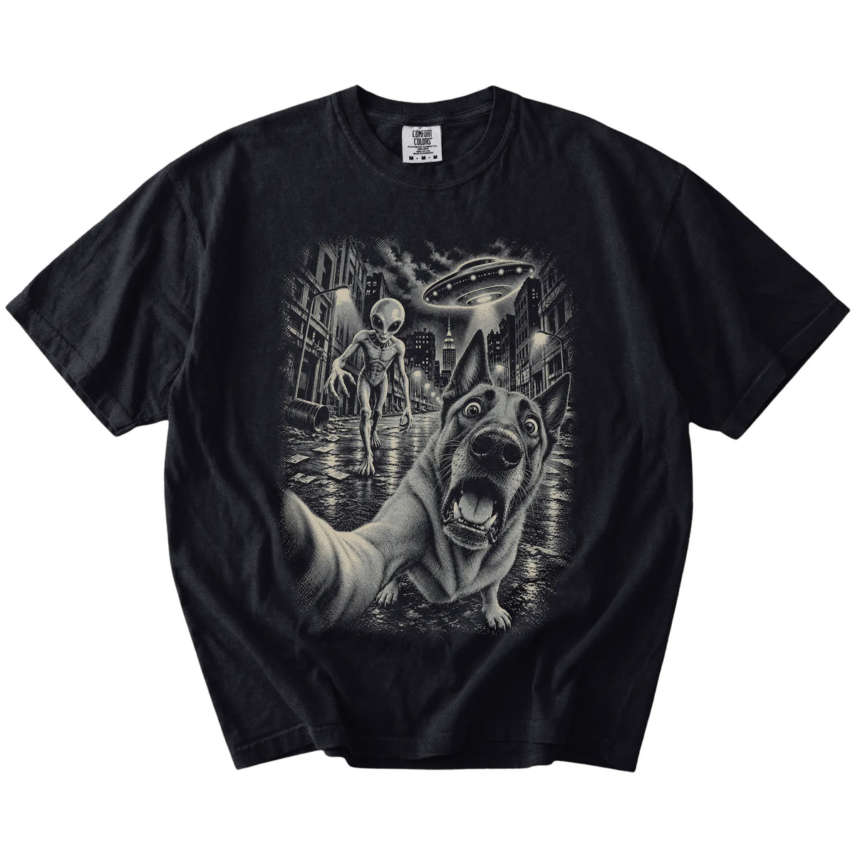 Belgian Malinois Alien Selfie Comfort Colors T-Shirt in Black, flat view