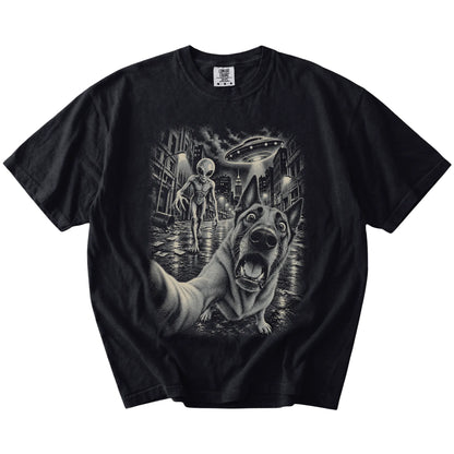 Belgian Malinois Alien Selfie Comfort Colors T-Shirt in Black, flat view