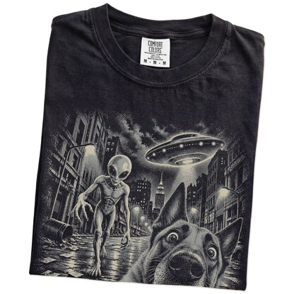 Belgian Malinois Alien Selfie Comfort Colors T-Shirt in Black, folded view