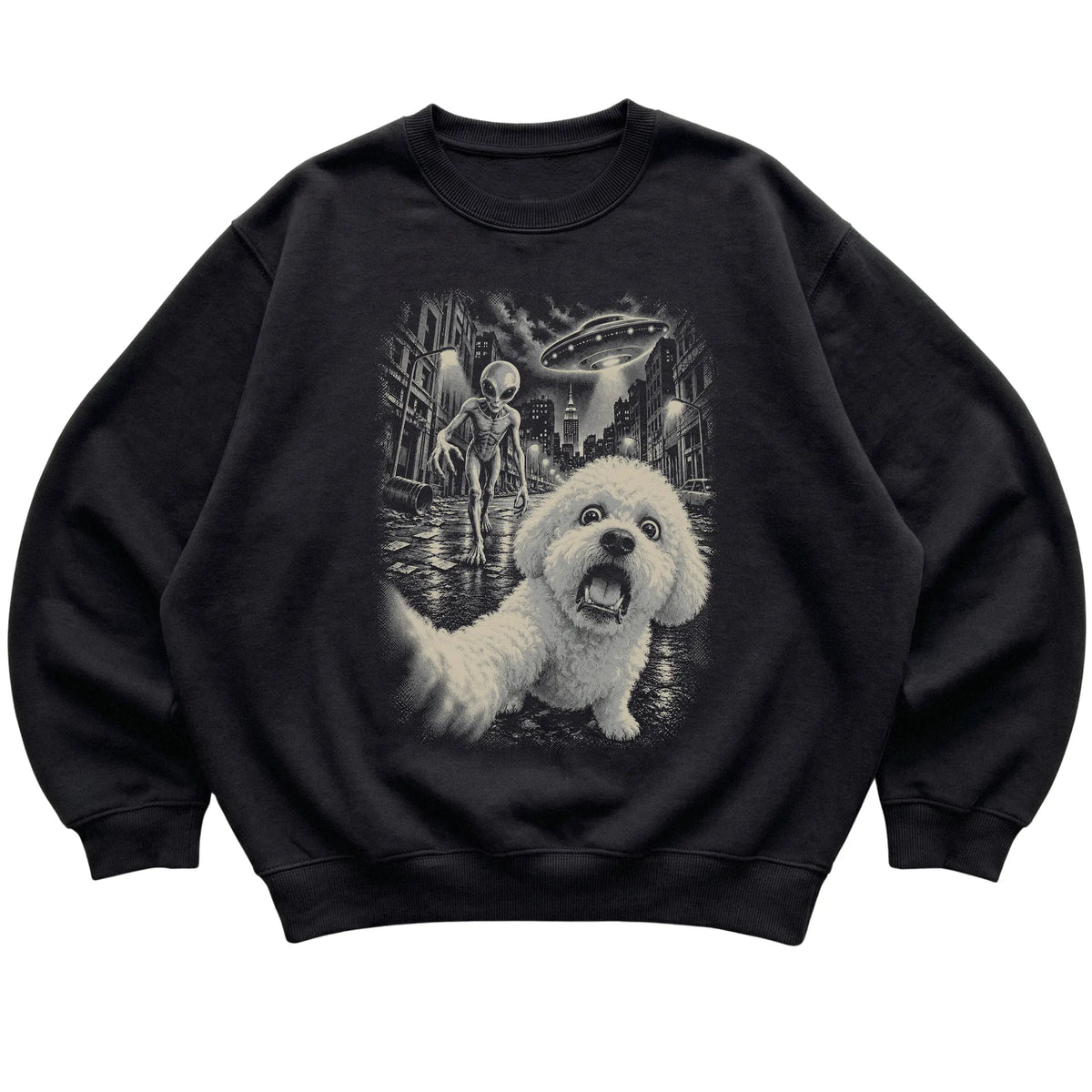 Bichon Frise Alien Selfie Gildan Crewneck Sweatshirt in Black, flat view