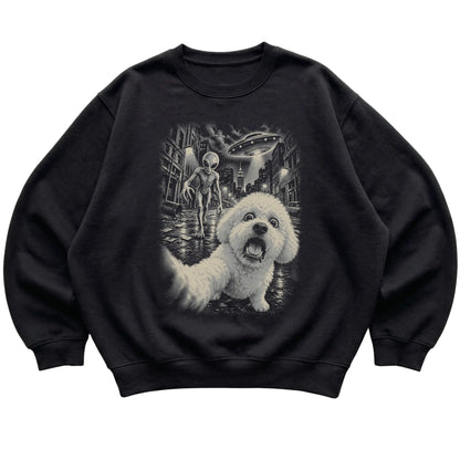 Bichon Frise Alien Selfie Gildan Crewneck Sweatshirt in Black, flat view