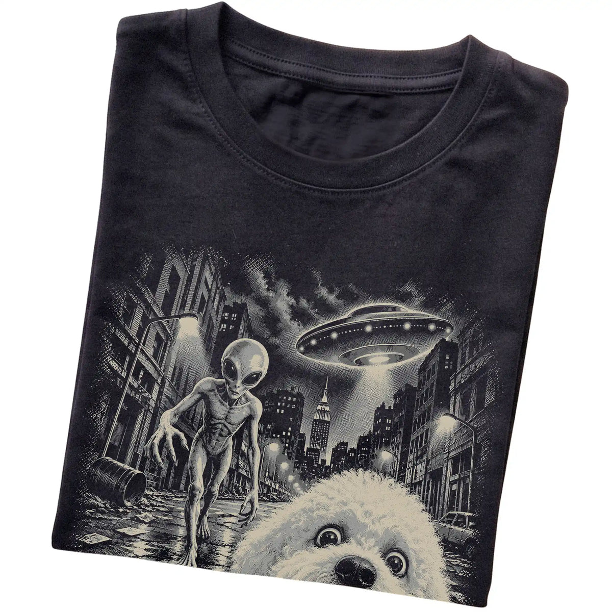 Bichon Frise Alien Selfie Gildan Softstyle T-Shirt in Black, folded view