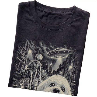 Bichon Frise Alien Selfie Gildan Softstyle T-Shirt in Black, folded view