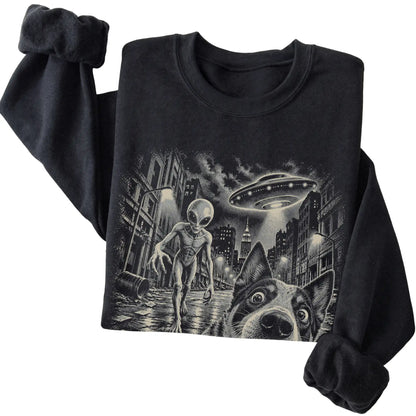 Blue Heeler Alien Selfie Gildan Crewneck Sweatshirt in Black, folded view