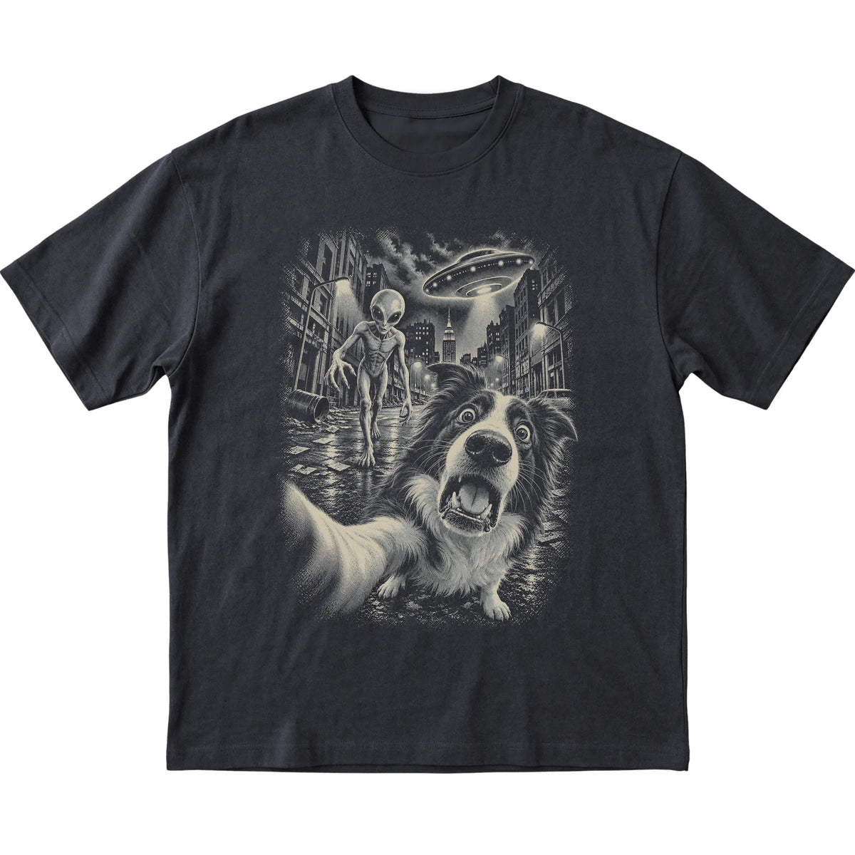 Border Collie Alien Selfie Gildan Softstyle T-Shirt in Black, flat view