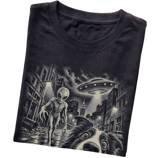 Border Collie Alien Selfie Gildan Softstyle T-Shirt in Black, folded view
