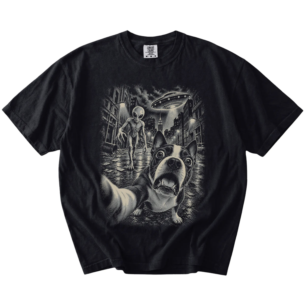 Boston Terrier Alien Selfie Comfort Colors T-Shirt in Black, flat view