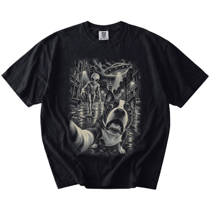 Boston Terrier Alien Selfie Comfort Colors T-Shirt in Black, flat view