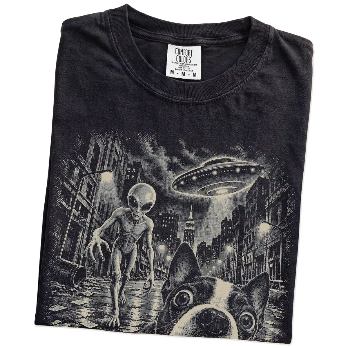 Boston Terrier Alien Selfie Comfort Colors T-Shirt in Black, folded view