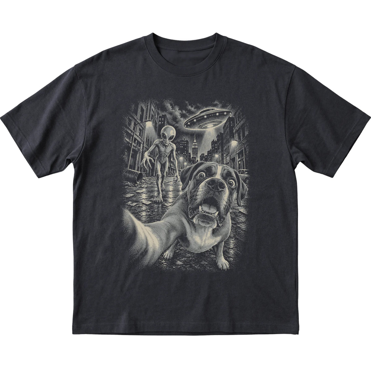 Boxer Alien Selfie Gildan Softstyle T-Shirt in Black, flat view