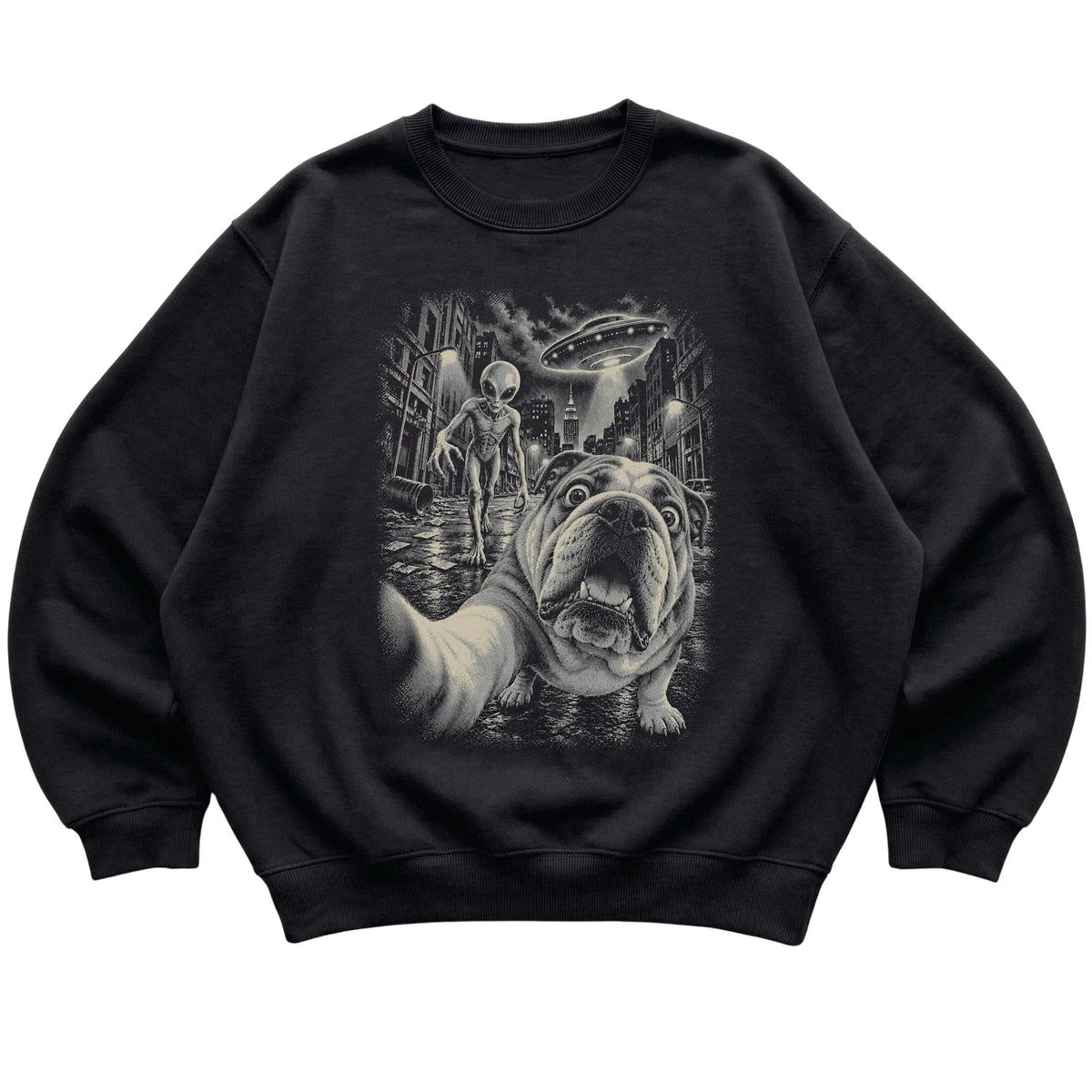 English Bulldog Alien Selfie Gildan Crewneck Sweatshirt in Black, flat view