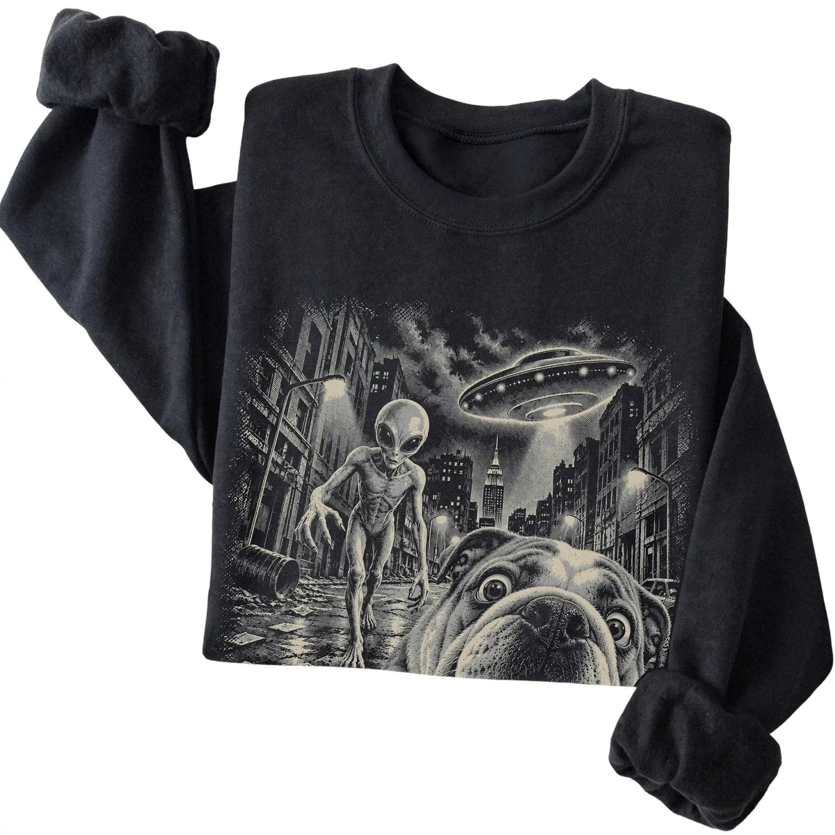 English Bulldog Alien Selfie Gildan Crewneck Sweatshirt in Black, folded view