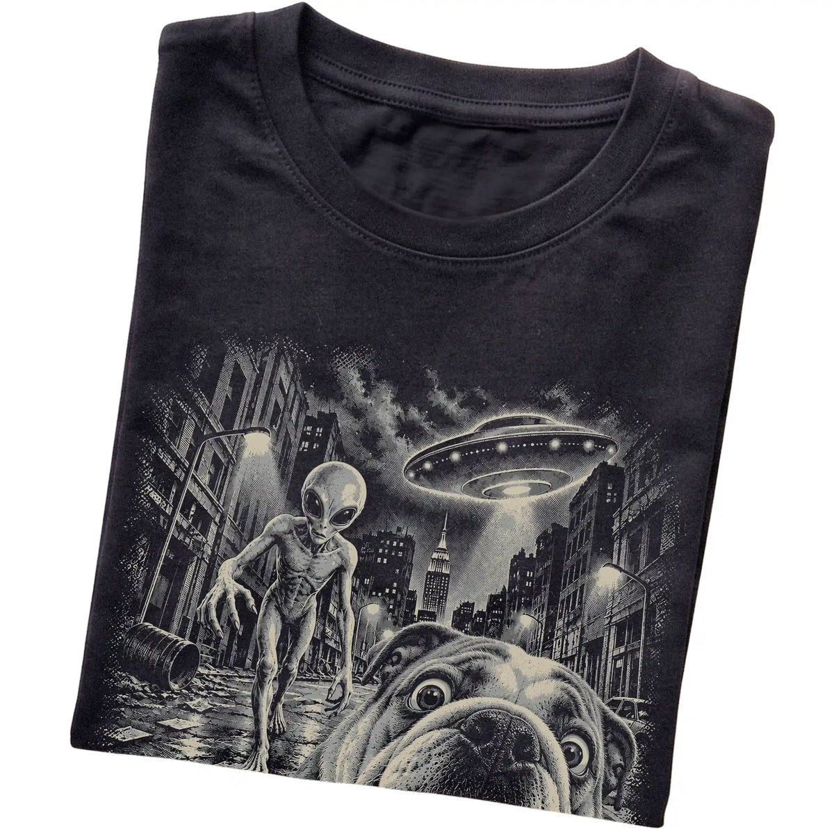 English Bulldog Alien Selfie Gildan Softstyle T-Shirt in Black, folded view
