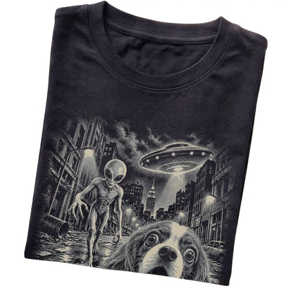 Cavalier King Charles Spaniel Alien Selfie Gildan Softstyle T-Shirt in Black, folded view