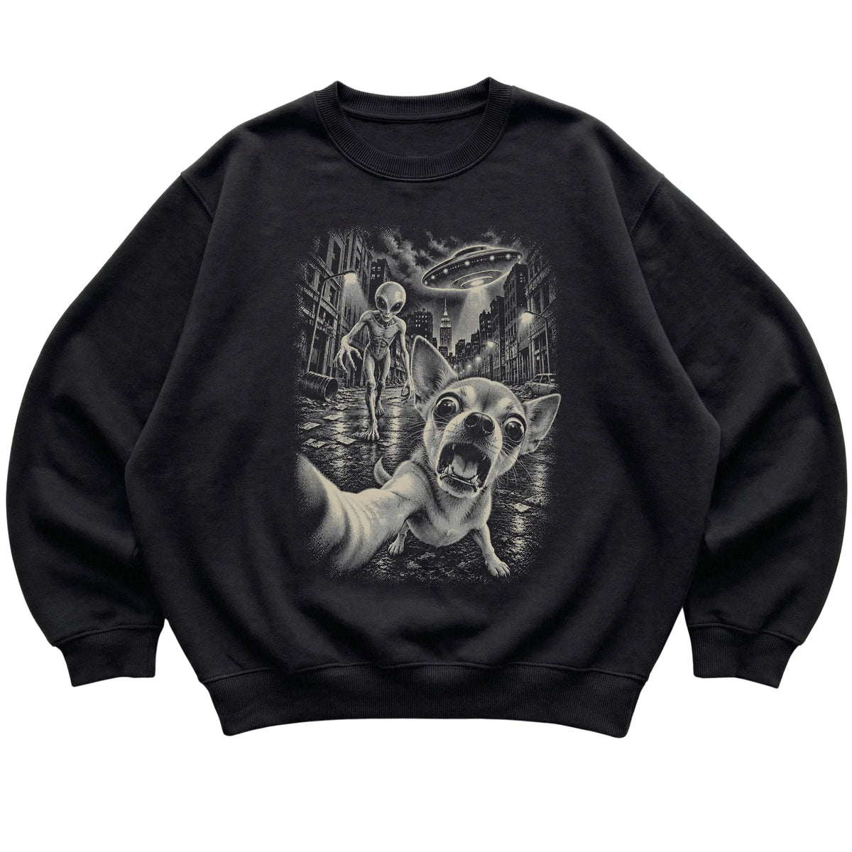 Chihuahua Alien Selfie Gildan Crewneck Sweatshirt in Black, flat view