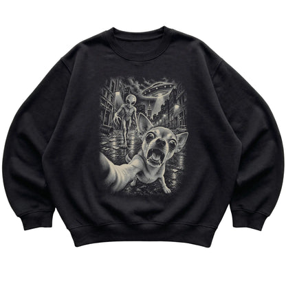 Chihuahua Alien Selfie Gildan Crewneck Sweatshirt in Black, flat view