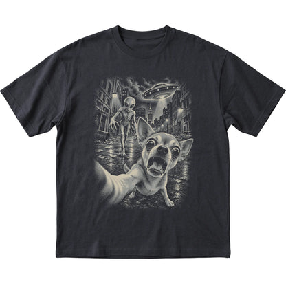 Chihuahua Alien Selfie Gildan Softstyle T-Shirt in Black, flat view