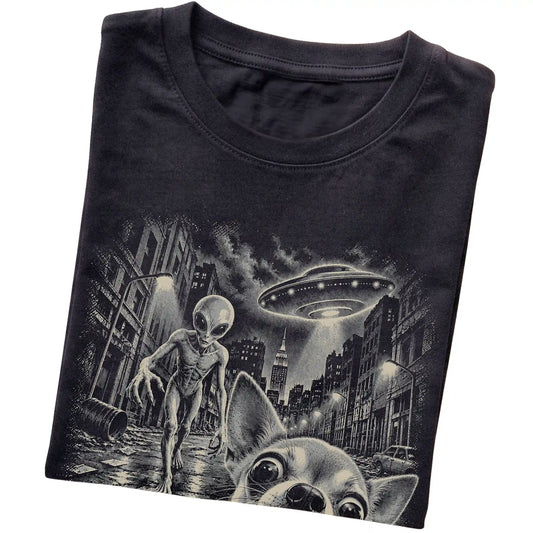 Chihuahua Alien Selfie Gildan Softstyle T-Shirt in Black, folded view