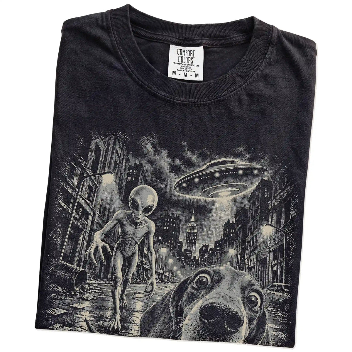 Dachshund Alien Selfie Comfort Colors T-Shirt in Black, folded view
