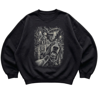 Dachshund Alien Selfie Gildan Crewneck Sweatshirt in Black, flat view