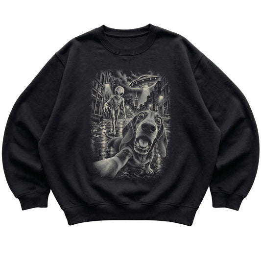 Dachshund Alien Selfie Gildan Crewneck Sweatshirt in Black, flat view