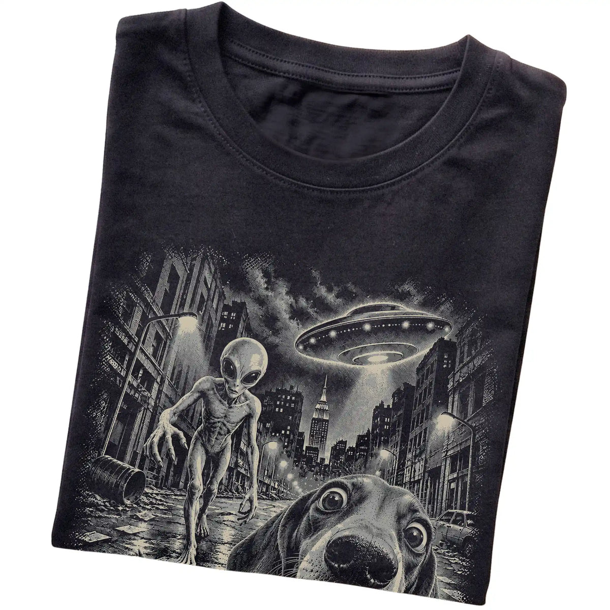Dachshund Alien Selfie Gildan Softstyle T-Shirt in Black, folded view