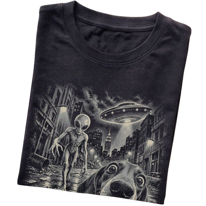 Dachshund Alien Selfie Gildan Softstyle T-Shirt in Black, folded view